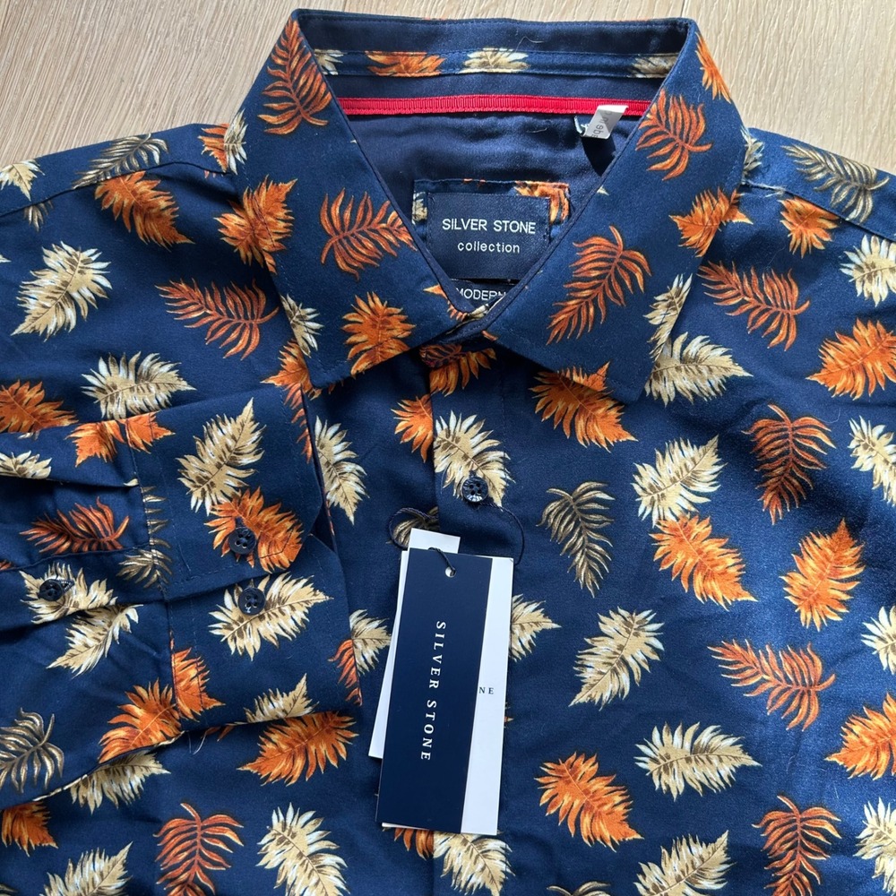 Floral Shirt Mens XXXL Navy Blue Leaf Print‎ Hawaiian Aloha Boho Resort Vacation